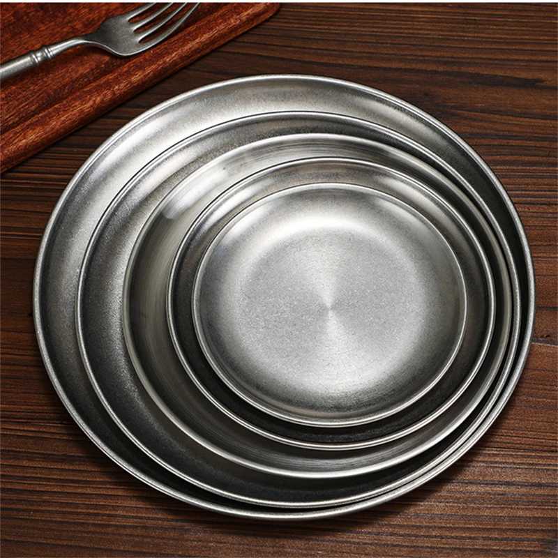 Luxury Snow Peak Stainless Steel Round Plates Matte Reto Dinner Dishes Flat Serving Tray Luxury Tableware Kitchen Dessert Cake Y251129