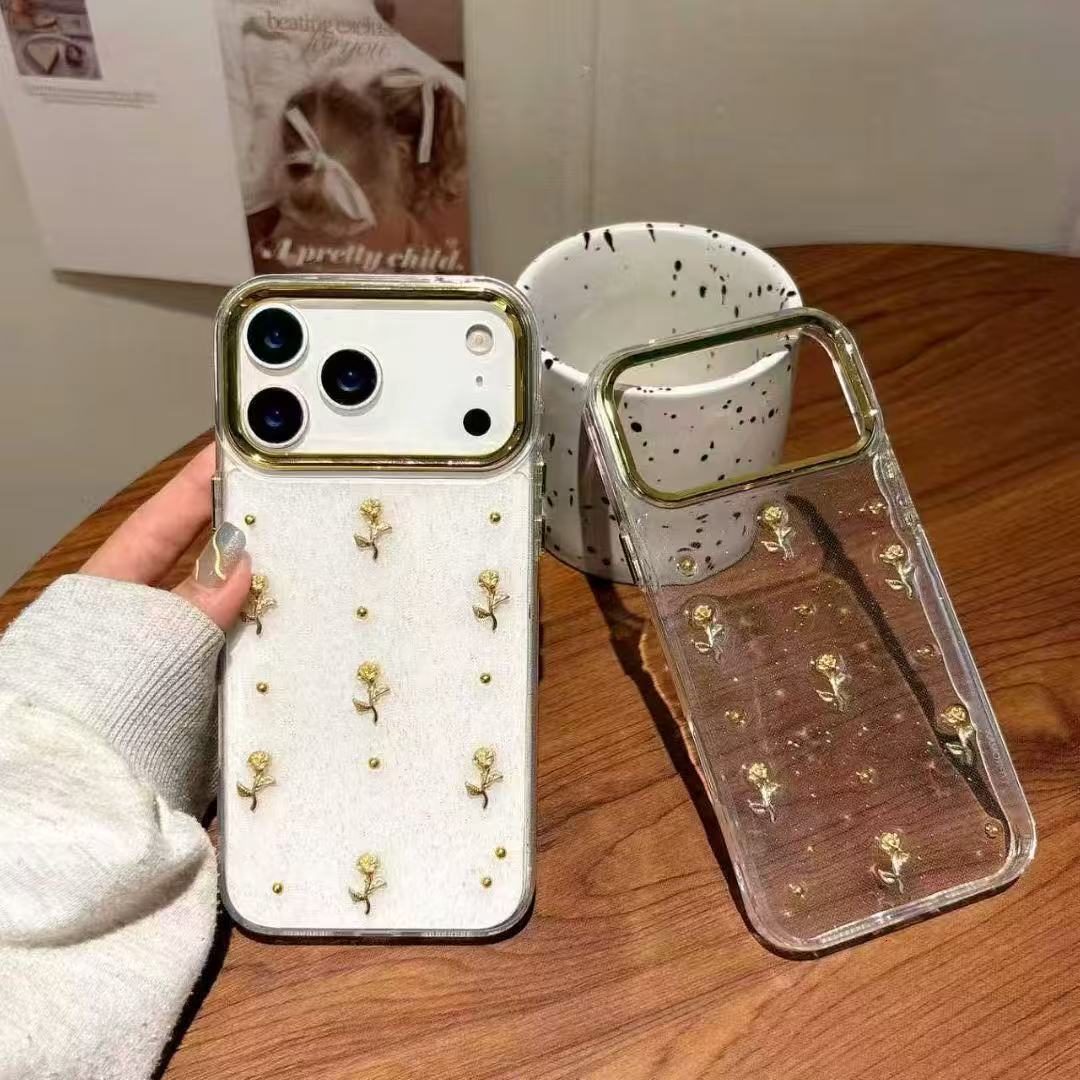 Flower Heart Bow Phone Case Compatible with iPhone 17 Pro Max Gold Bead Transparent Case Apple 16/15 Pro
