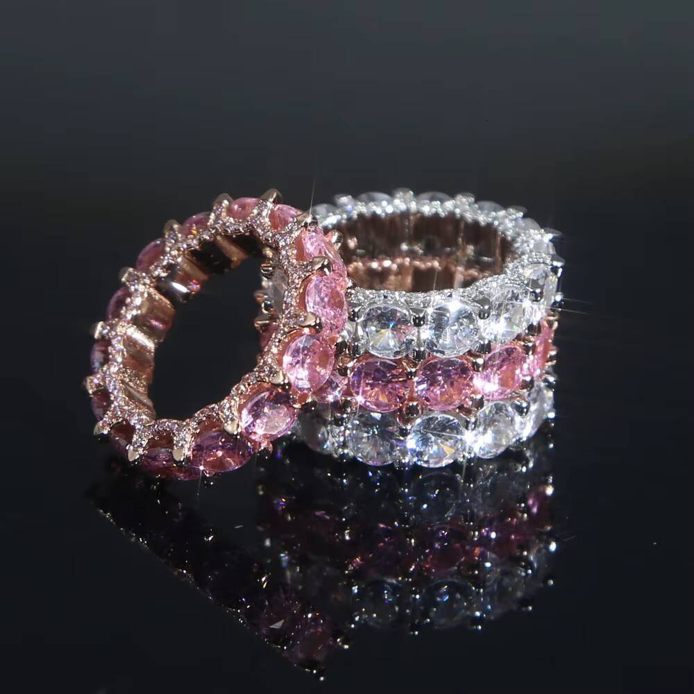 Round 5A Cubic Zirconia Iced Out Bling Halo Design Full CZ Eternity Band Ring HipHop Style Brass for Wedding and Party
