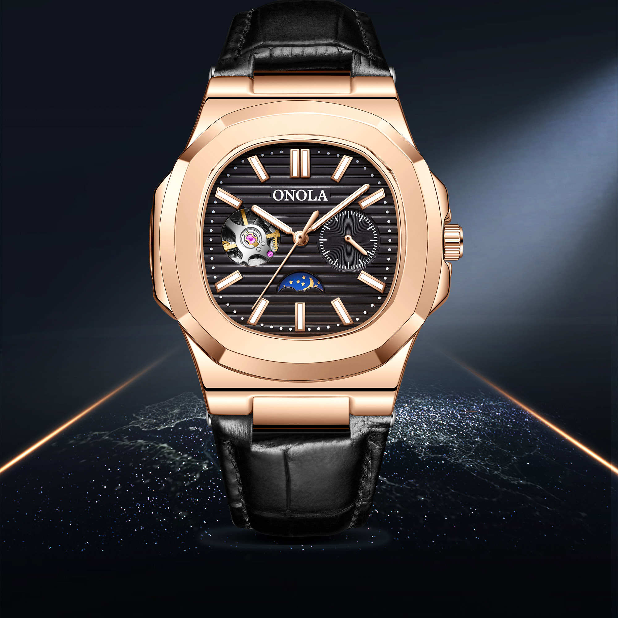 Retro Sport Automatic Mechanical Watch with Integrated Leather Strap Chronograph Moon Phase Function and Waterproof Elegant Design for Daily Wear ,Gif