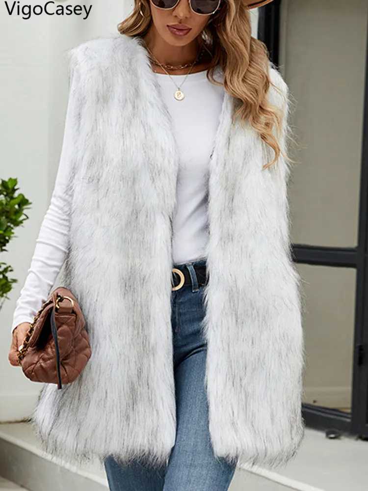 VigoCasey 2025 White Sleeveless Thick Faux Fur Vest Coat Woman V Neck Plush Warm Waistcoat Lady Autumn Winter Fluffy Vest JacketT251129