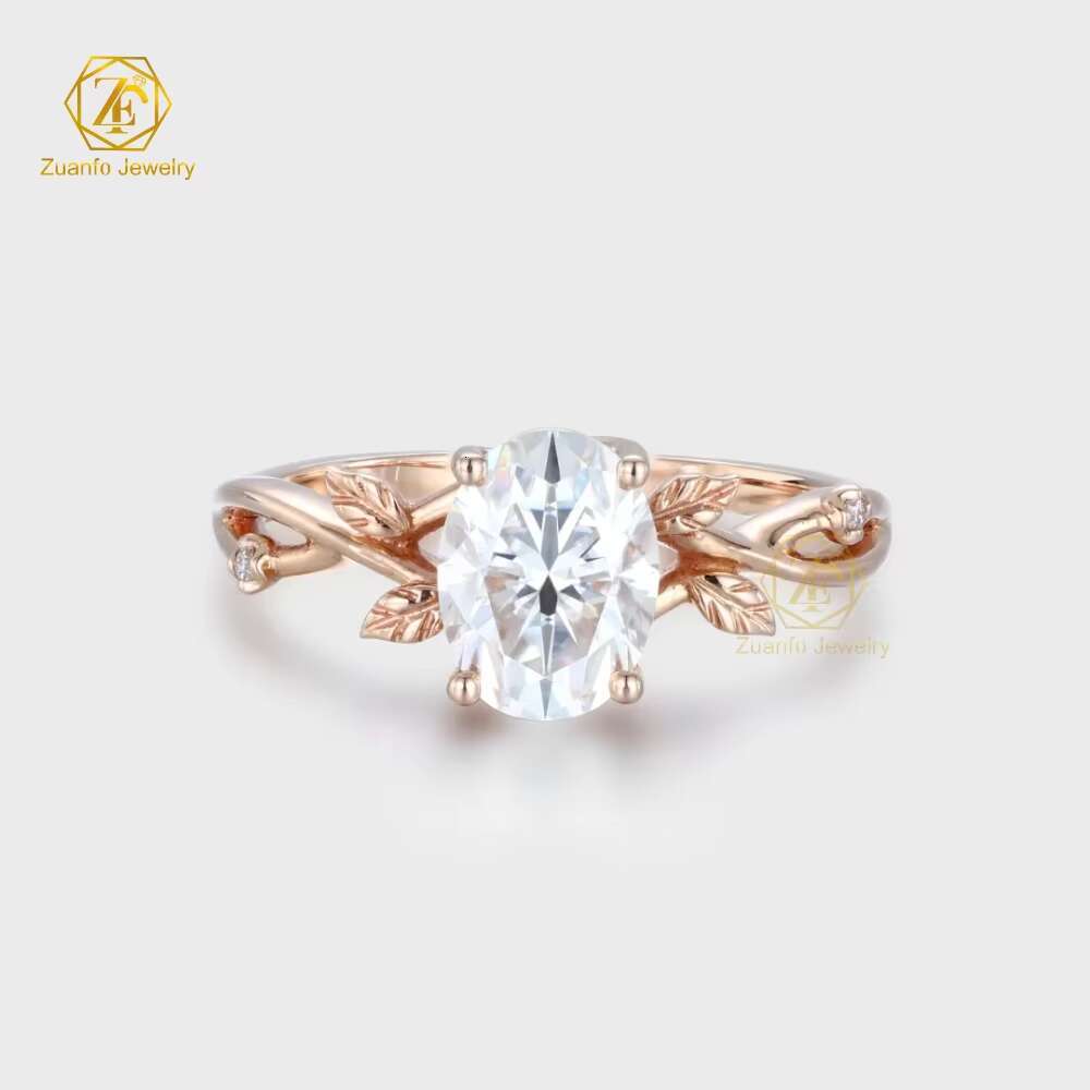 Custom Leaf Style 10K 14K 18K Real Rose Gold Gra Certified 1.5 ct 6x8mm Oval Moissanite Engagement Wedding Ring for Women