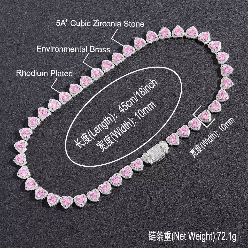 High Quality 10mm Iced Pink Heart Shaped Tennis Chain Necklace Shiny Pink Moissanite Fine Jewelry Hip Hop Style for Party Gift