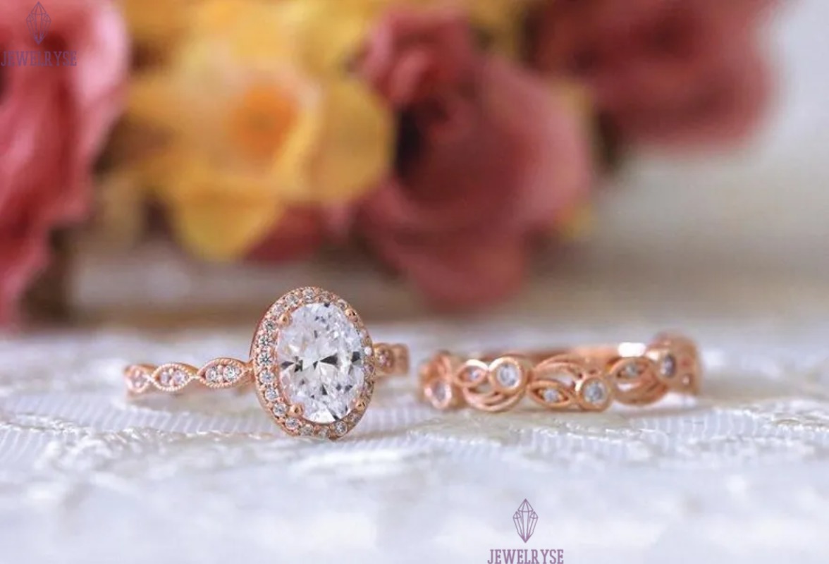 New Arrival Vintage Fashion Jewelry 925 Sterling Silver Rose Gold Fill Oval Cut White Topaz CZ Diamond Women Wedding Bridal Ring Set Gift
