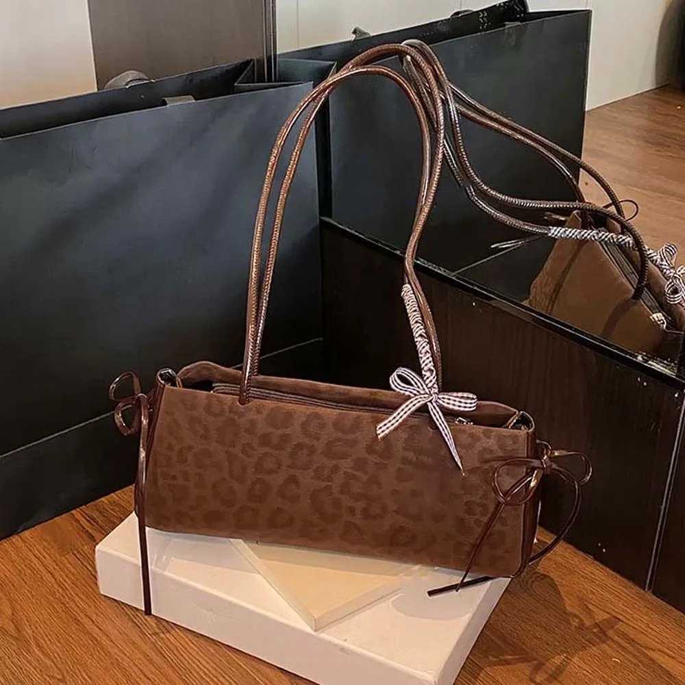 All-match Sweet French Stick Handbag Bow Ribbon Korean Style Leopard Print Underarm Bags Texture Waterproof PU Shoulder Bag Work K251128