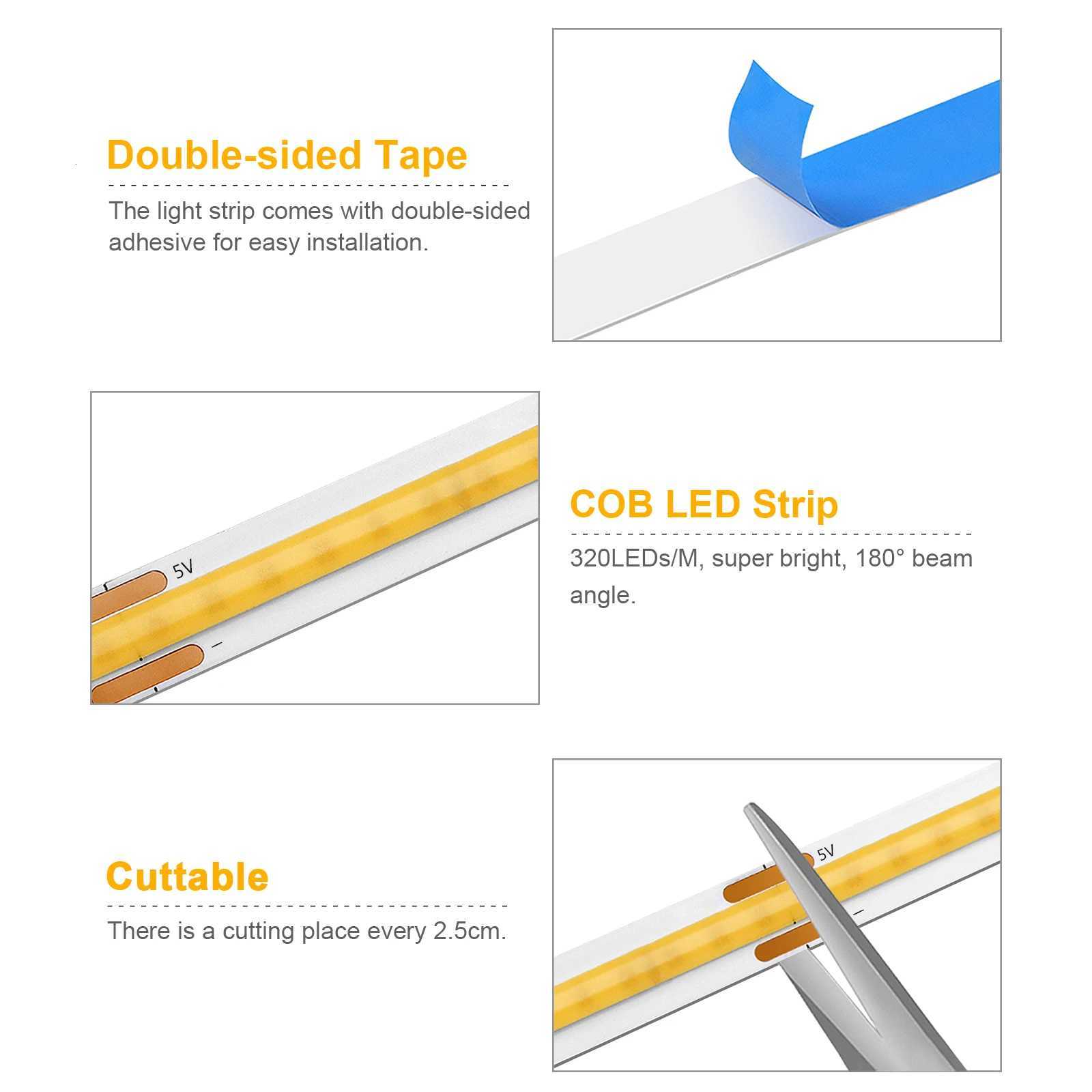 DC5V USB Tuya Smart app WiFi COB LED Strip Light1M 2M 3M 5M Dimmable COB LED Strip Work With Alexa/Google Home/Smart Life APP M251129