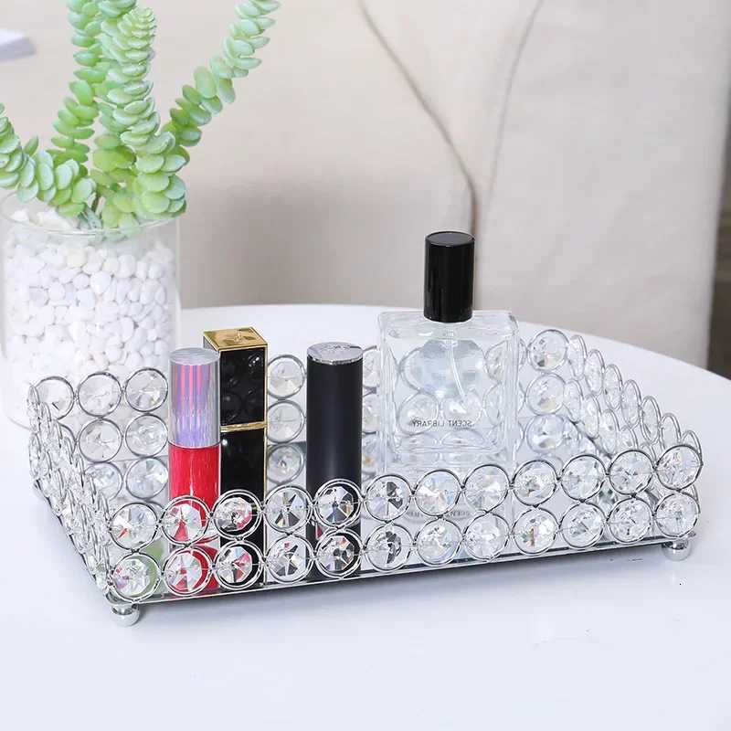 Crystal Decorative Tray Table Makeup Organizer Glass Mirror Perfume Lipstick Storage Plate Luxury Serving Tray Home Trinket Dish Y251129