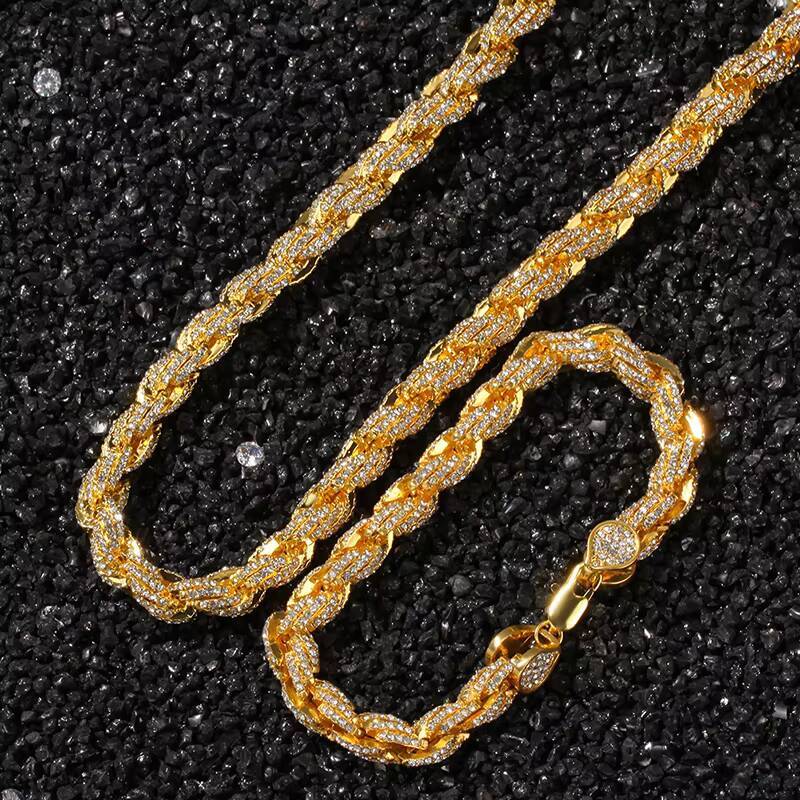 Rope Link Chain Mens 9mm Zinc Alloy Rhinestone Rope Chain Twisted Icd Out Full Diamond Rope Chain Necklace