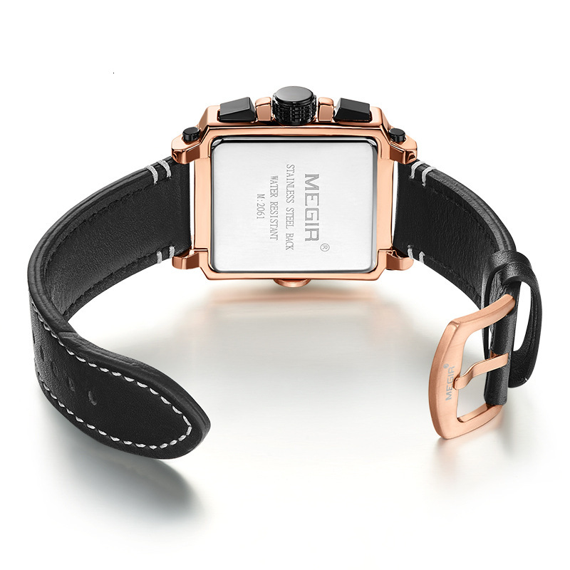 MEGIR Designer Men's Watches Retro Fashion Square Multi-functional Calendar Genuine Leather Men's Quartz Watches Luxury Wristwatches Free De