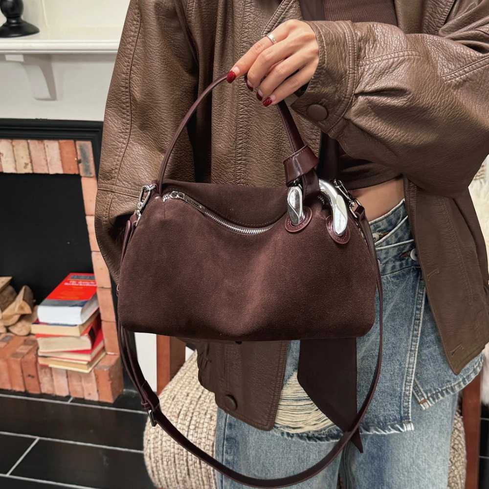 Motingsome Natural Suede Bag Women Underarm Saddle Bags Fashionable Mini Tote Crossbody Pouch Genuine Leather Pouch Handbag New K251128