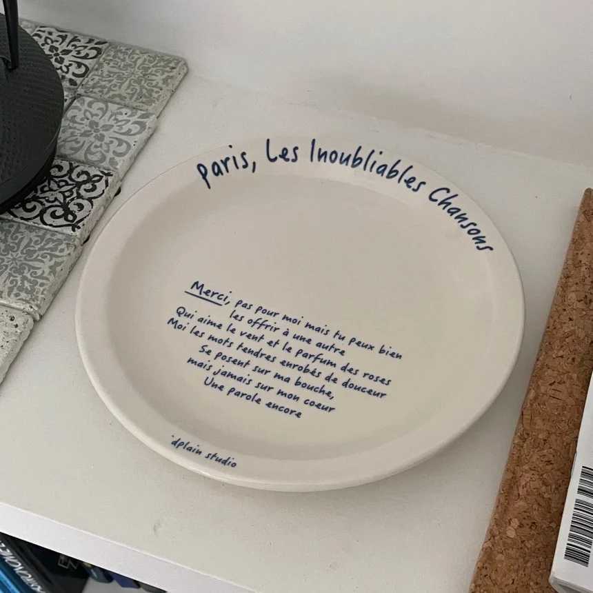 Luxury Korean Style Blue Lettering Ceramic Plate Simple Household Dessert Breakfast Cutlery Daily Sand Coffee Shop Tablewares Y251129