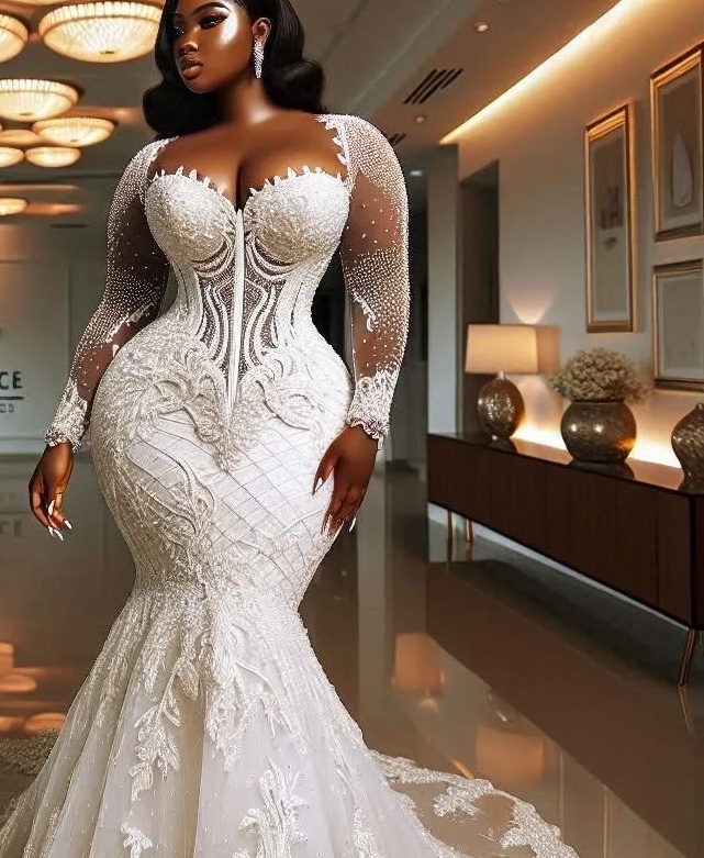 2025 Oversize Aso Ebi Plus Size Ivory Wedding Dress Lace Beaded Full Sleeves Elegant Vintage Bridal Gowns Dresses ZJ066