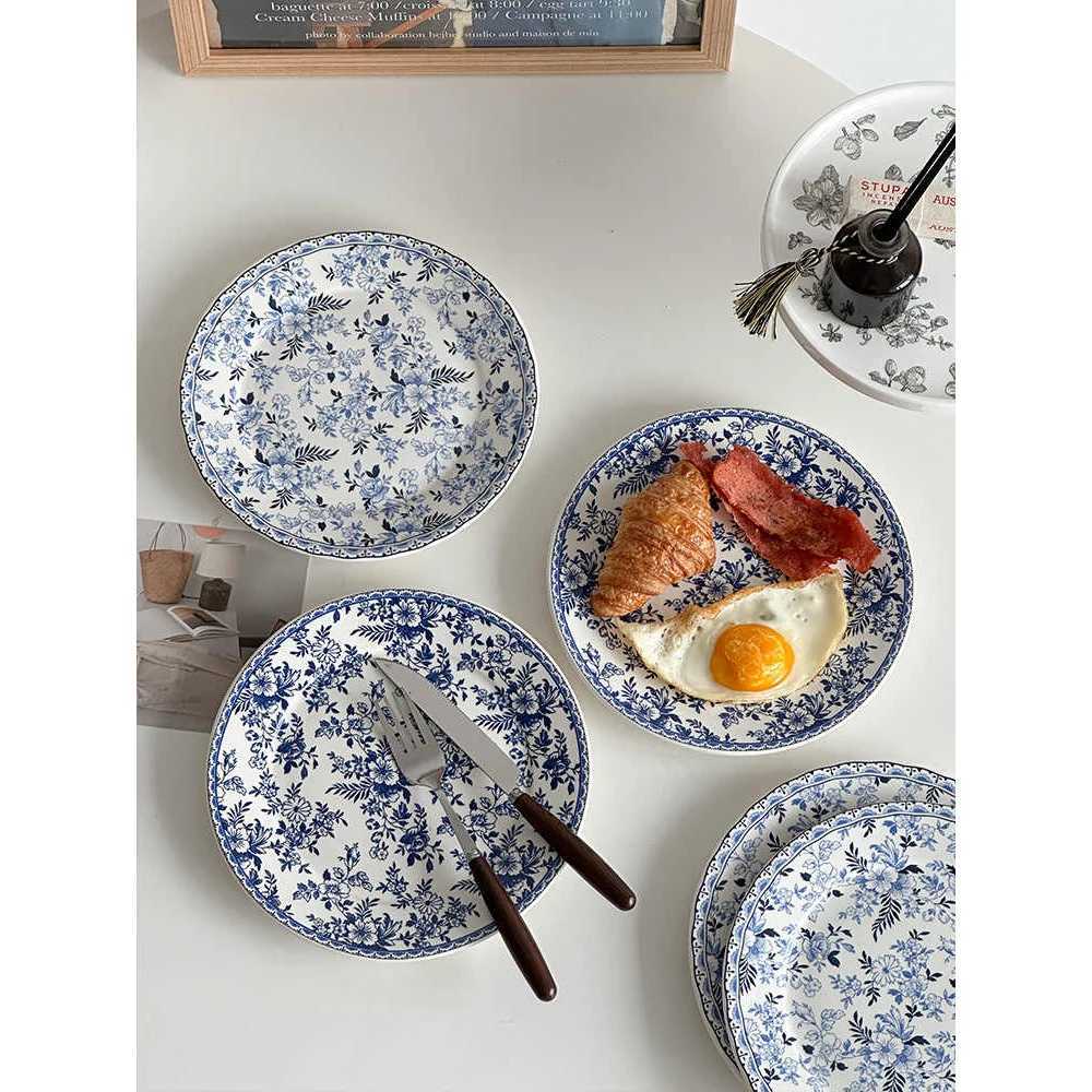 Luxury Porcelain Plate European Style Vintage Floral Round Flat Tableware Afternoon Tea Dessert Cake Sausage Fried-Egg Breakfast Plates Y251129