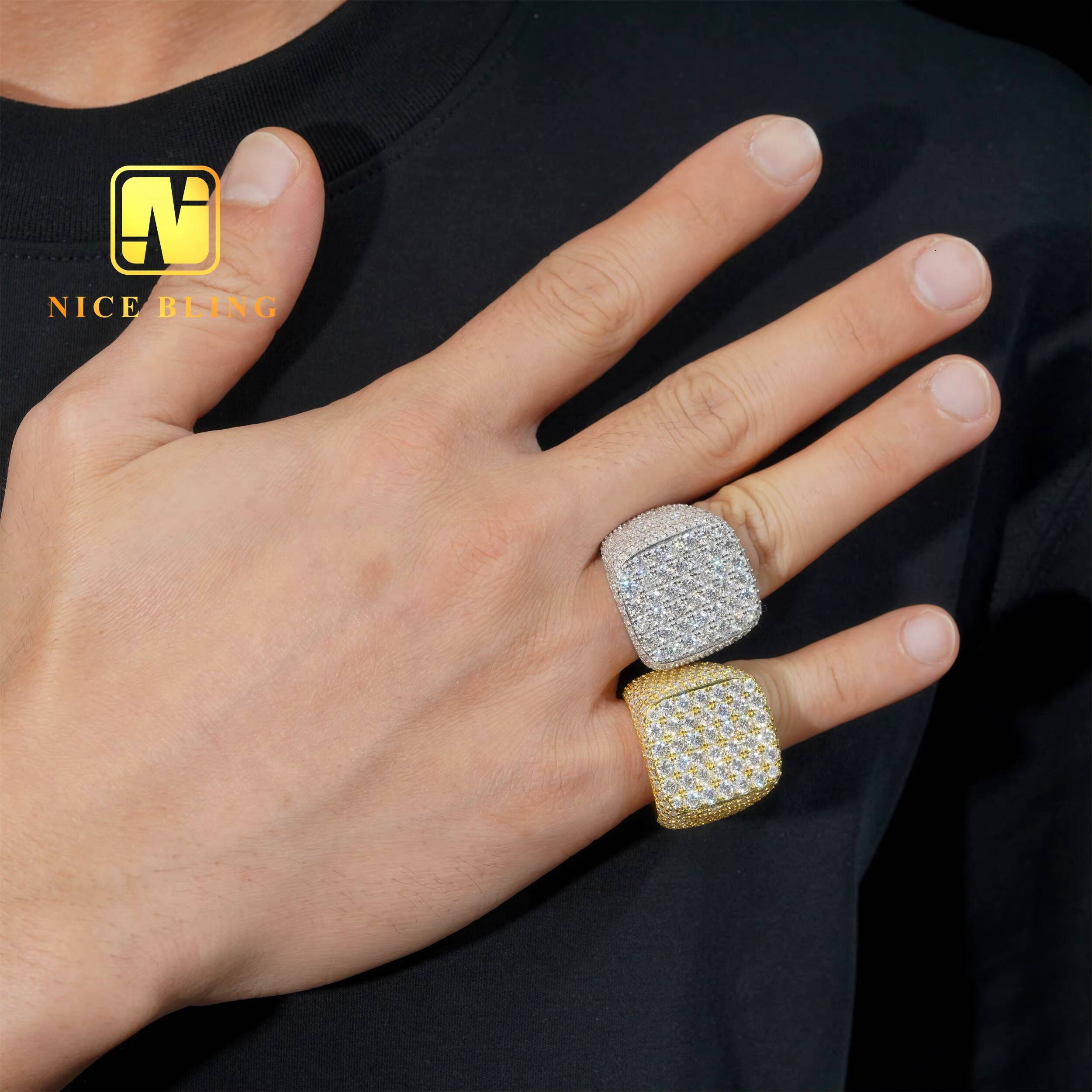 18K Gold Plated Full Iced Out Mens Rings Hip Hop Fashion Jewelry 925 Silver Moissanite square Shape Rings for Engagement