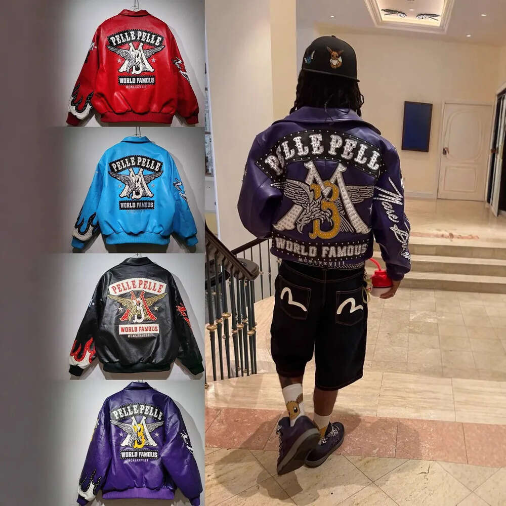 Pelle Jacket Men's Jackets High-Quality PP Genuine Air Force Pilot Women's Black Blue Purple And Red Leather Genuine Leather Embroidered Diamond Short Jacket 961