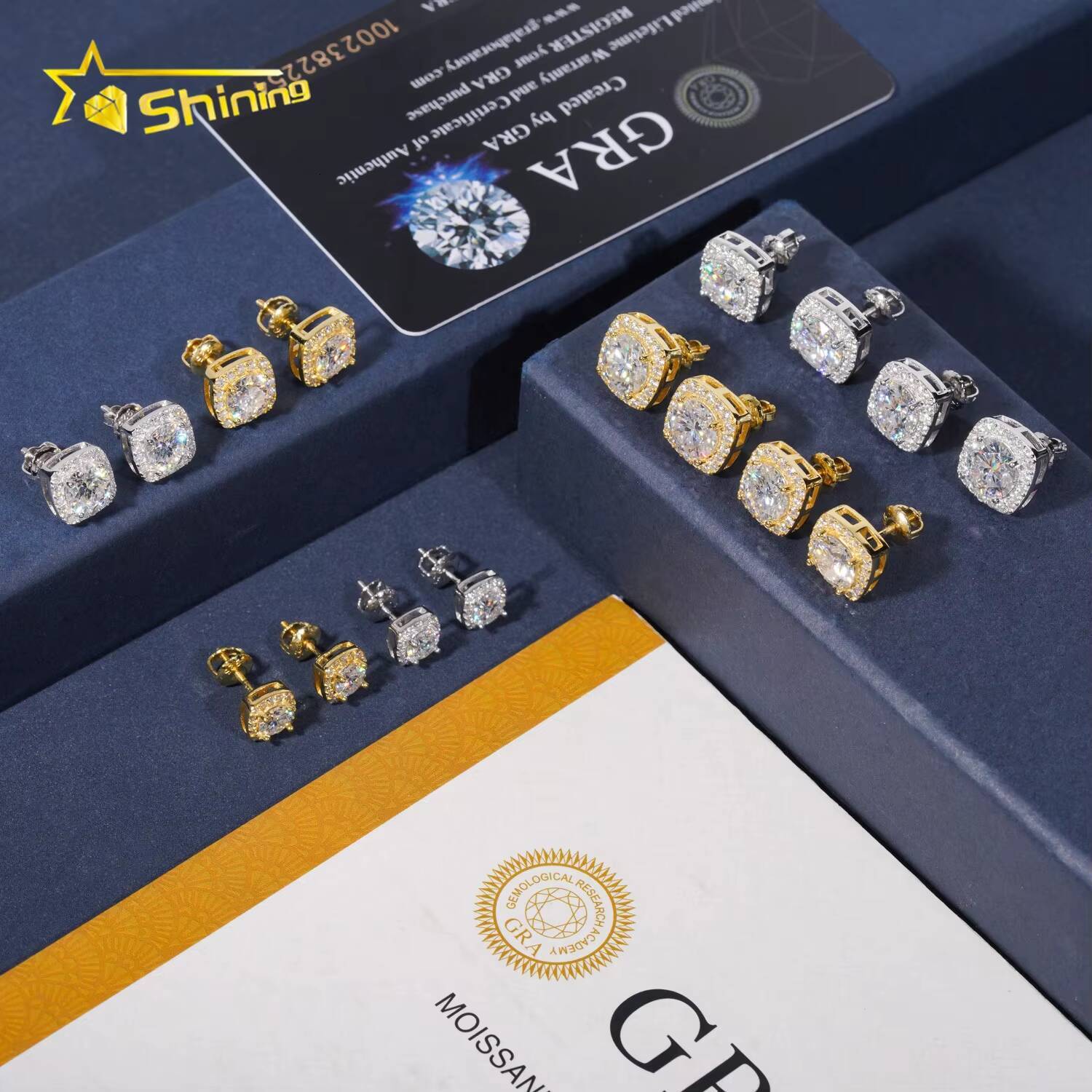 Pass Diamond Tester 925 Silver Screw Back Iced Out 1ct 2ct Hip Hop Halo Square Moissanite Stud Earrings