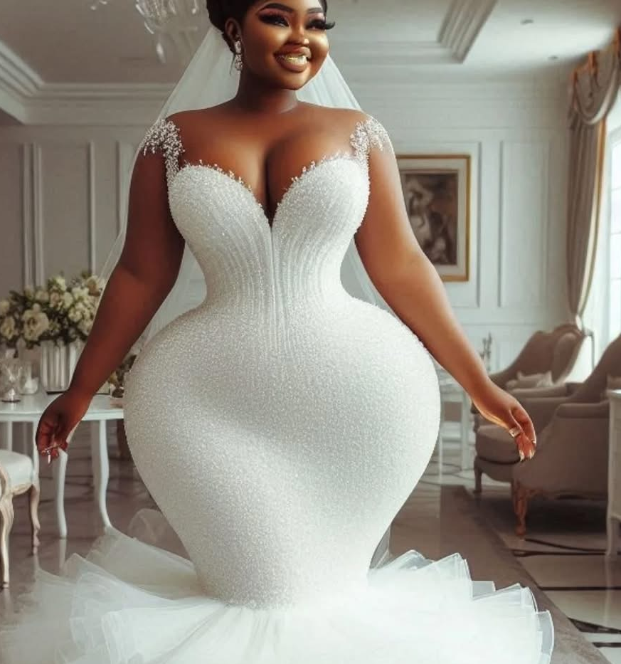 2025 Oversize Aso Ebi Plus Size Ivory Wedding Dress Sheer Neck Beaded Sequined Tulle Bridal Gowns Dresses ZJ064