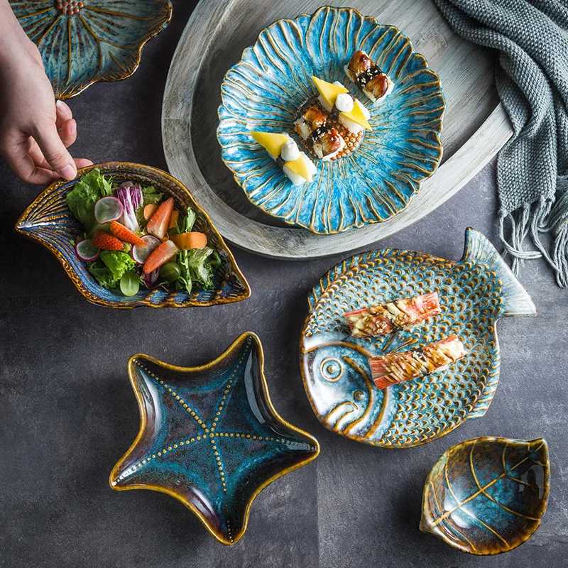 Luxury Irregar Ceramic Plate Flower Leaves Scallops Starfish Conch Fish Shape Decorative Tableware Dinner Plates Dishes Tableware Y251129