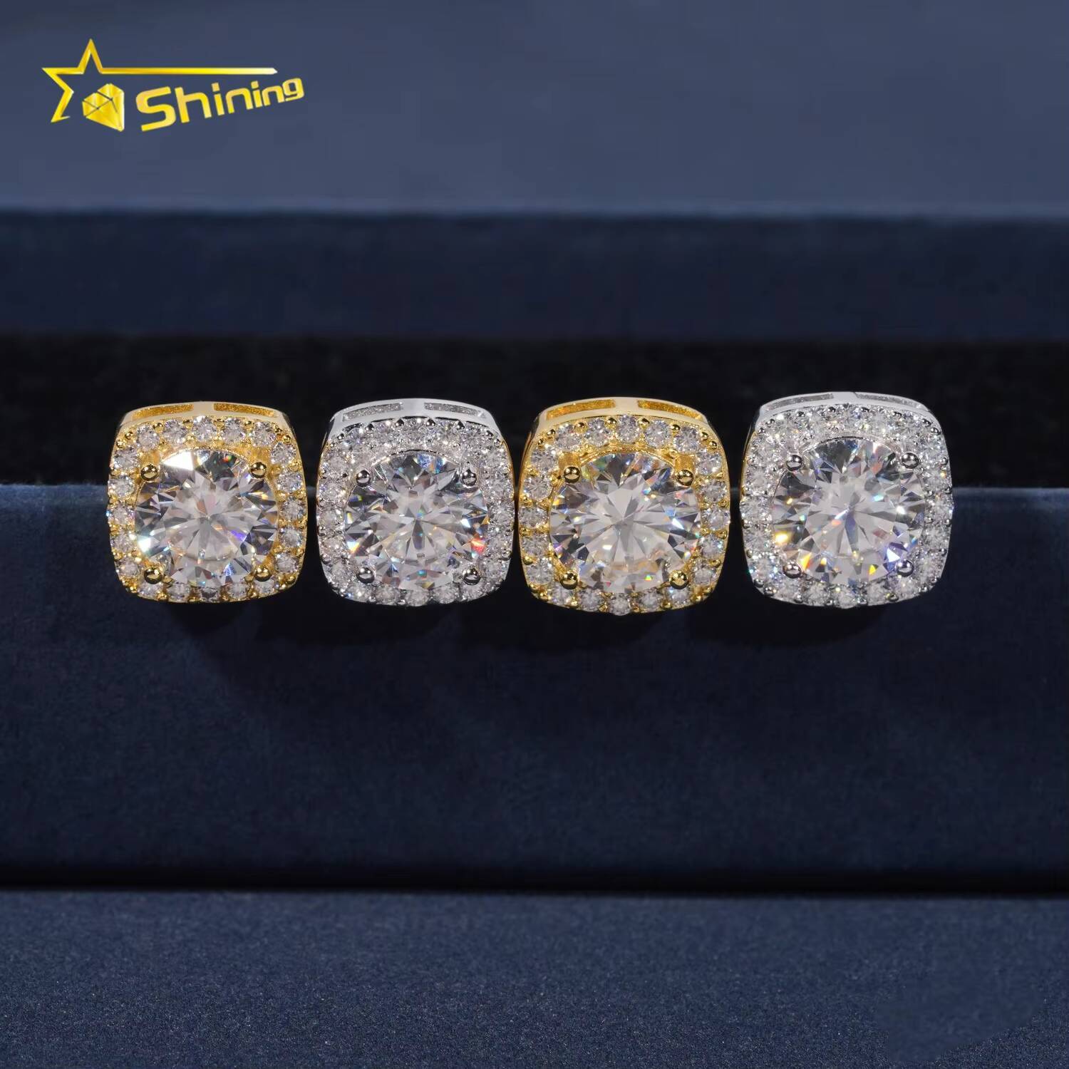 Pass Diamond Tester 925 Silver Screw Back Iced Out 1ct 2ct Hip Hop Halo Square Moissanite Stud Earrings