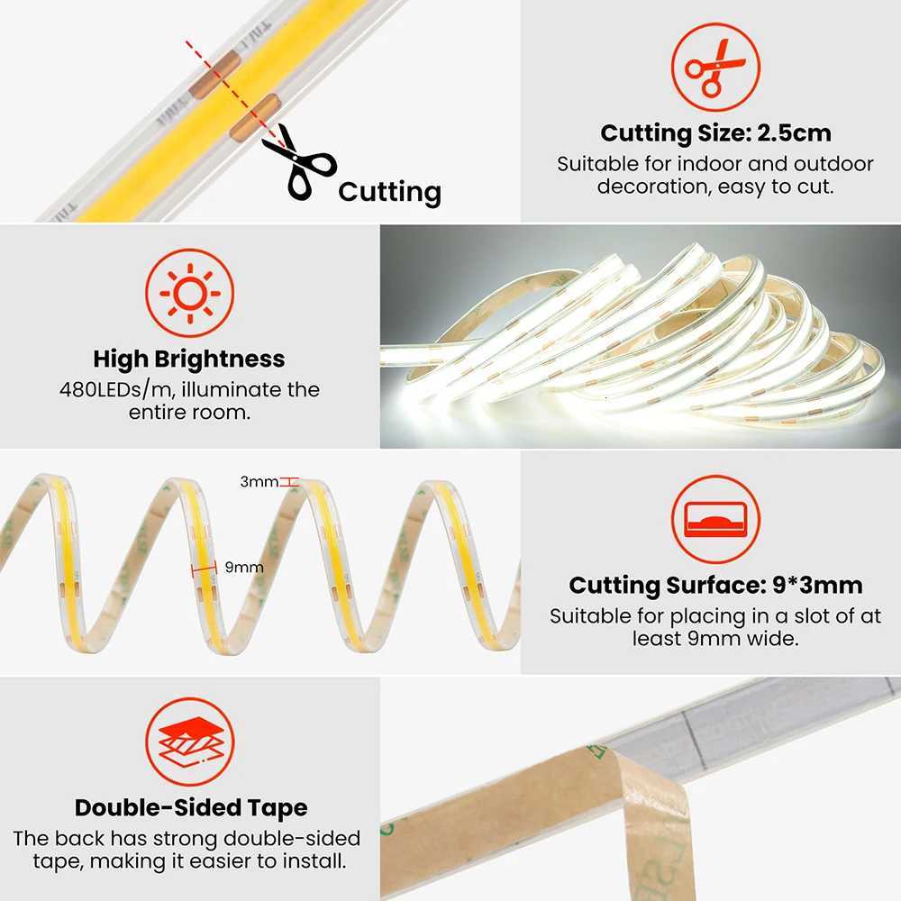 5M 10M 12V 24V COB LED Strip Light IP67 Waterproof DC Plug/2Pin Wire RA90 480LEDs/m Hight Bright Flexible Tape 3000K 4000K 6000K M251129