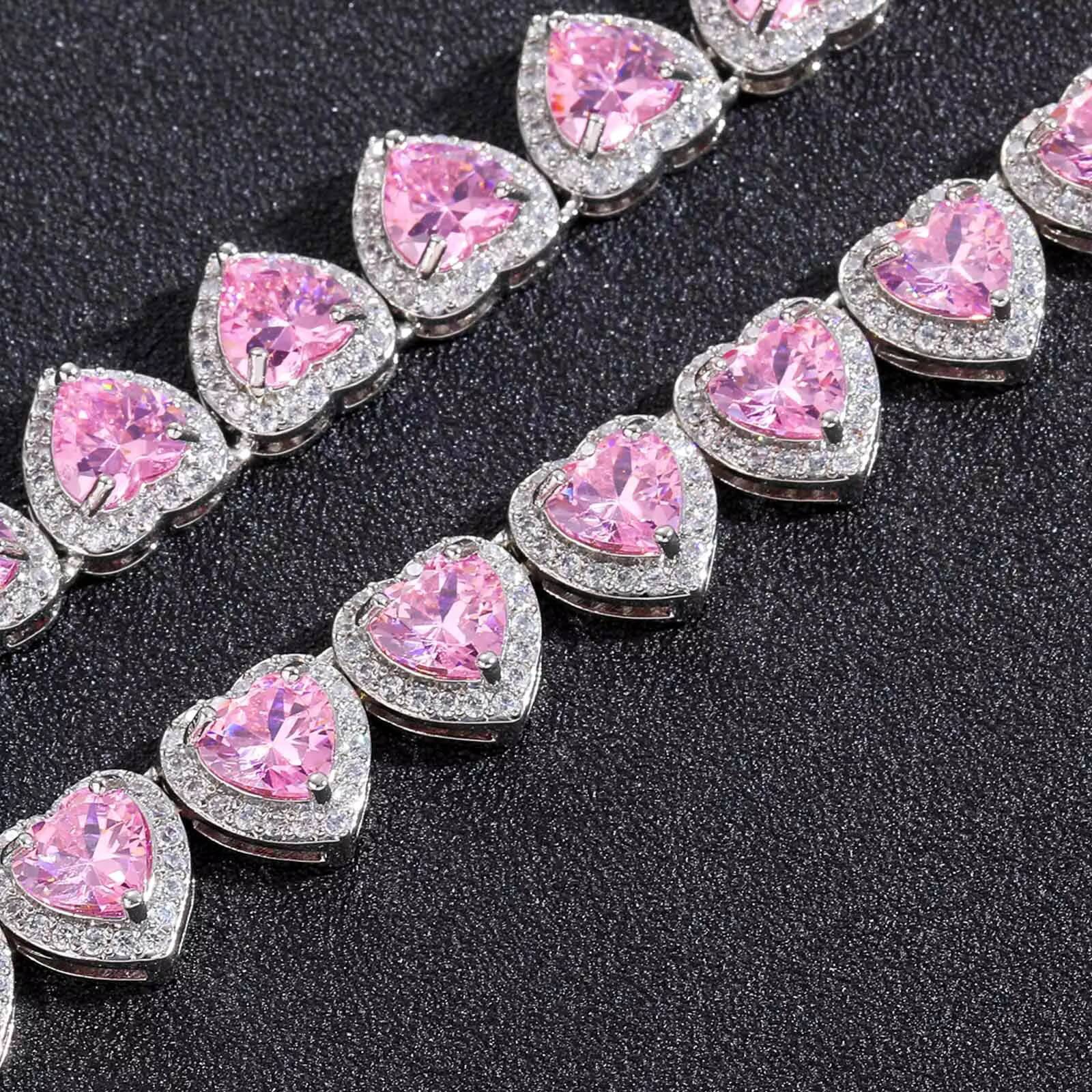 High Quality 10mm Iced Pink Heart Shaped Tennis Chain Necklace Shiny Pink Moissanite Fine Jewelry Hip Hop Style for Party Gift