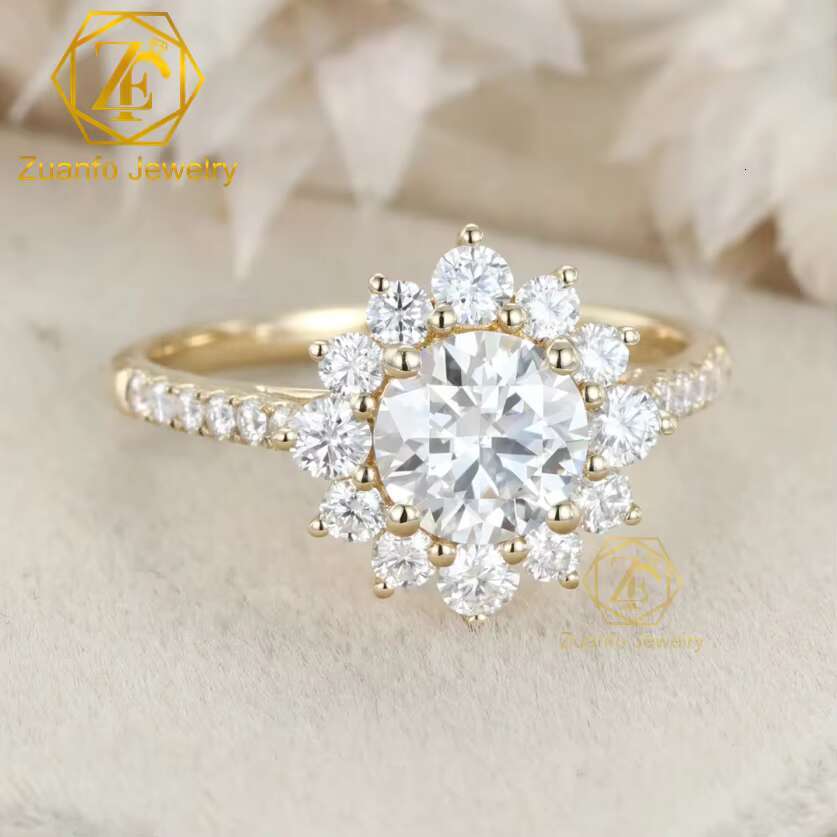 Classic 14K/18K Yellow Gold Unisex Engagement Ring 1 ct 6.5mm Round Brilliant Cut Moissanite With Halo for Wedding