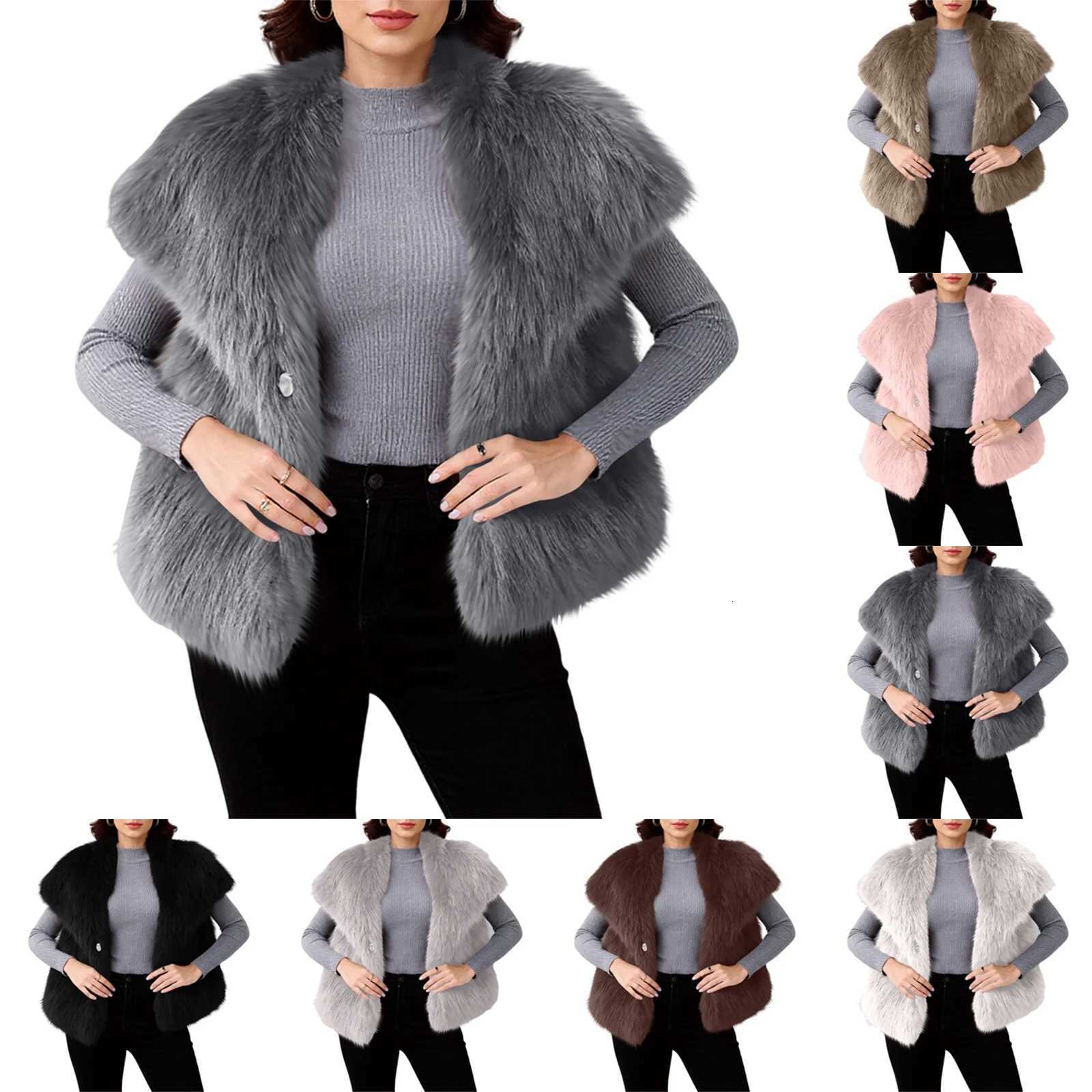WomenS Fashion Waistcoat Vest Sleeveless Lapel Coat Solid Faux Fur Jacket Coat Winter Thicken Outerwear High Street CoatT251129