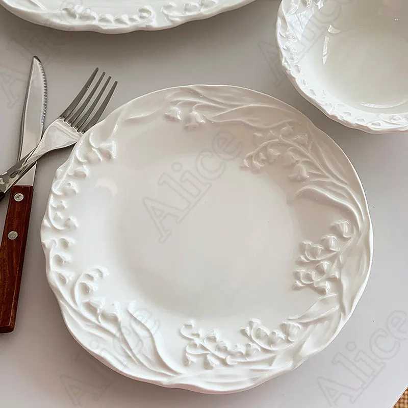 Luxury French Lily of The Valley Ceramic Plate Simple Solid Color Texture Tableware He Breakfast Bread Dessert Dinner Plates Y251129