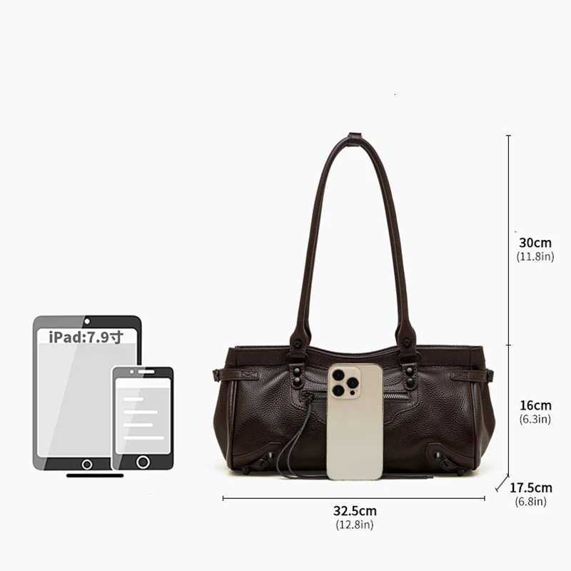 2025 New Top Grain Leather Underarm Saddle Bag ABG Punk Studded Horizontal Style Le City Motorcycle Bag Women Fashion Handbag K251128