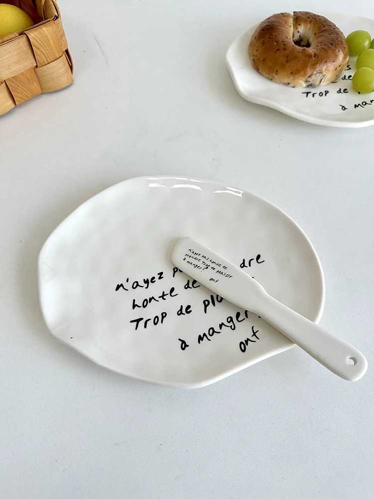 Luxury Korean Style Irregar Ceramic Dessert Plate Ink Splash Bagel Bread Cake Dish French Jam Knife Butter Knives Tableware Set Ins Y251129