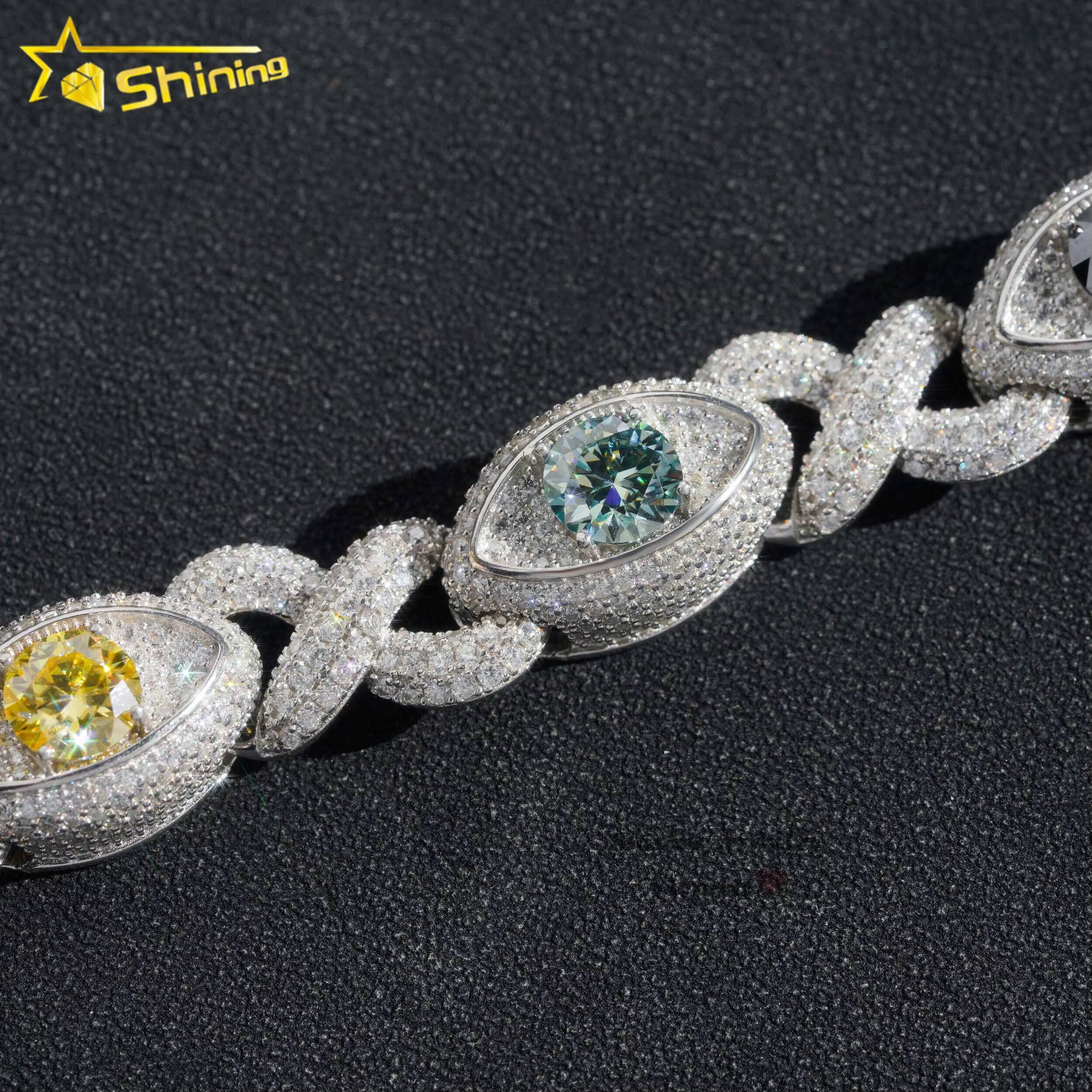 Fine Jewelry Iced Out 925 Sterling Silver 15mm Width Evil Eyes Cuban Link Moissanite Bracelet with Color Moissanite