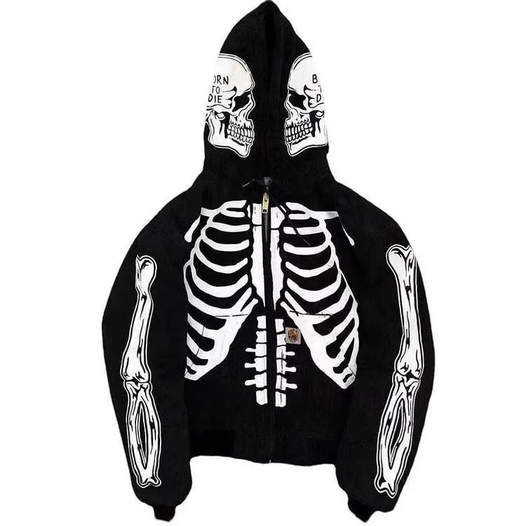 Skull Print Hooded Long Sve Sweatirt Casual Loose Fit Youthful Printed Hoodie Zipper Closure Comfortable Spring Autumn Top 251128