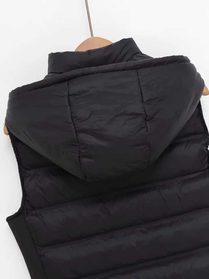 ETJ 2025 winter new womens fashion leisure sports wind pressure quilted light sleeved cotton vest warm hooded vestT251129