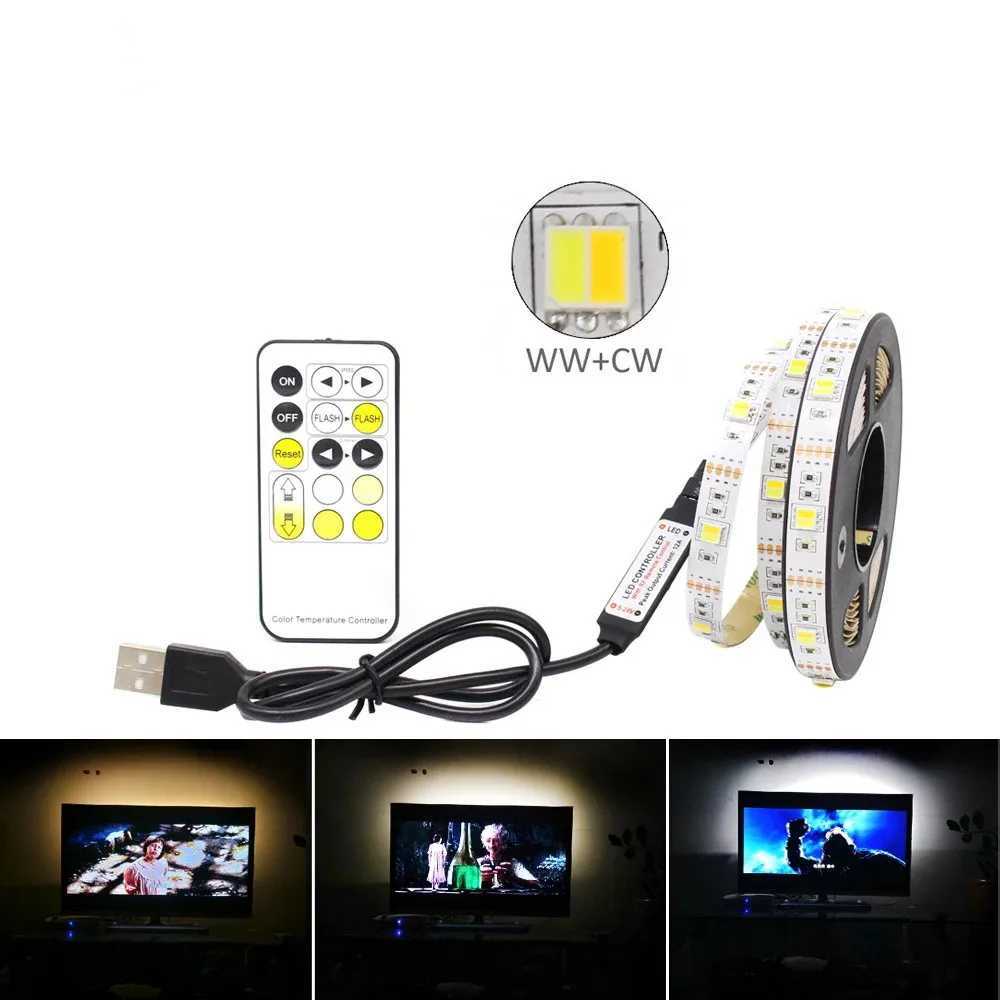 CCT LED Strip Lights 5V USB Dimmable 30LEDs/m SMD5050 CW WW Dual White Flexible Ribbon RF Remote Control Backlight TV Lighting M251129