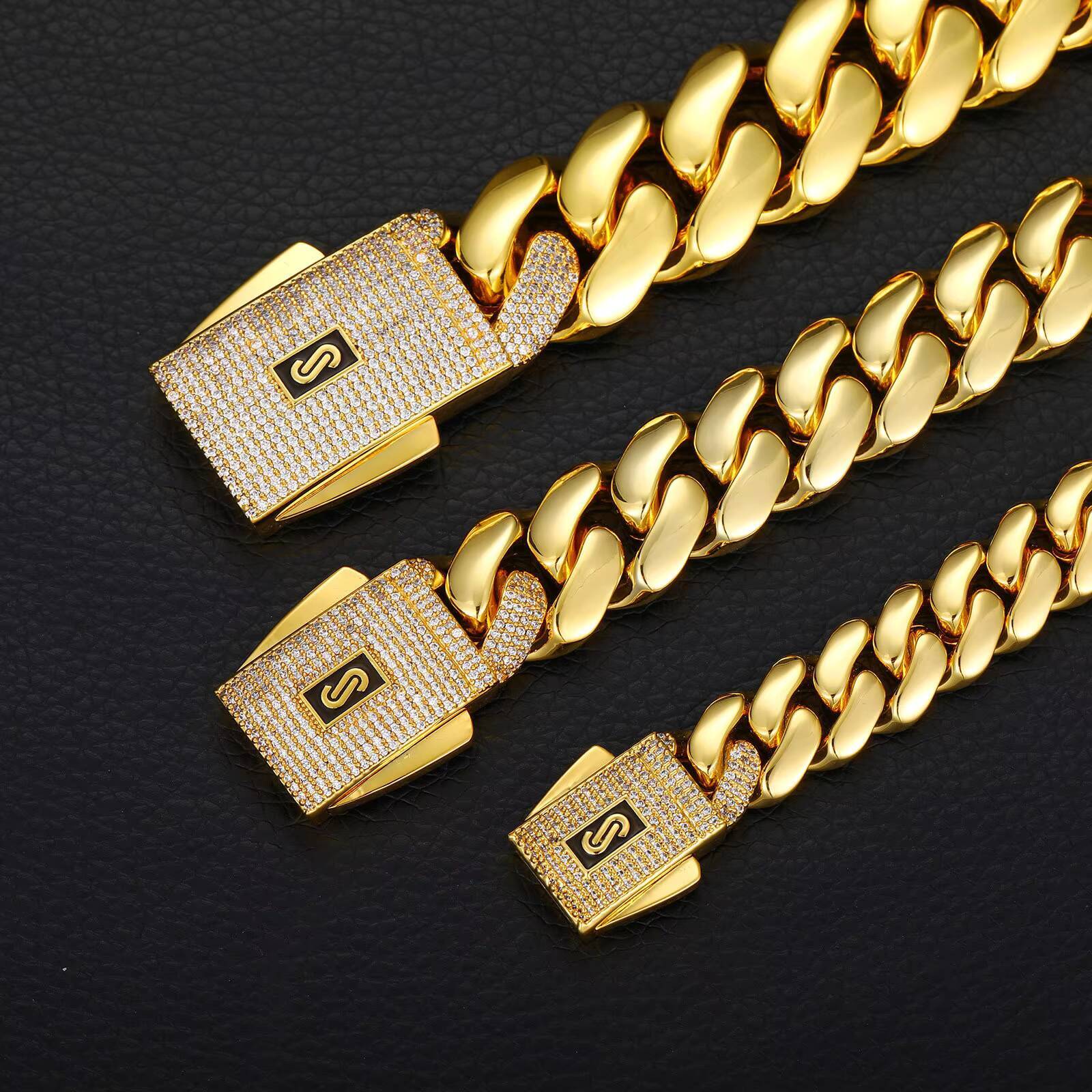 10MM 16MM 20MM 14K 18K Gold Plated Cuban Chain Iced Out Monaco Lock Clasp Heavy Solid Brass Hip Hop Rapper Necklace for Men