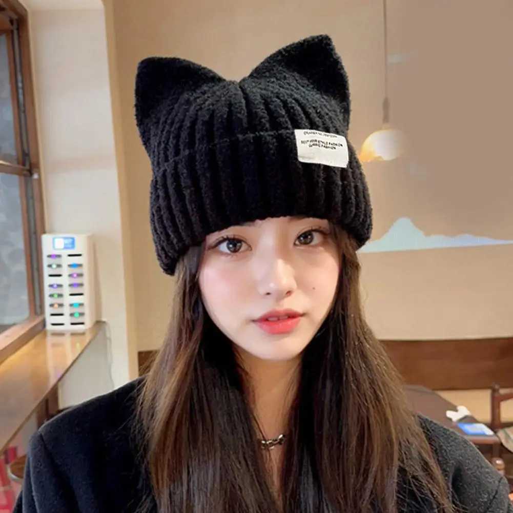 Cute Cat Ears Beanie Hats for Women Winter Korean Y2K Knitted Streetwear Handmade Crochet Bucket CapXJ251129