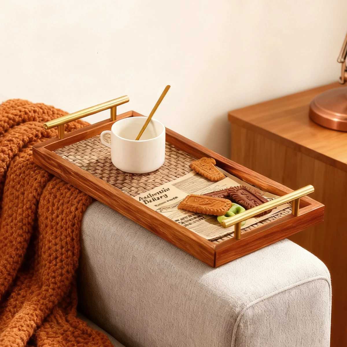 Solid Wood Bohemian Rustic Gold Handle Tray 173 Serving Decor for Coffee Table Bedroom Kitchen Jewelry Display Woven Bottom Y251129