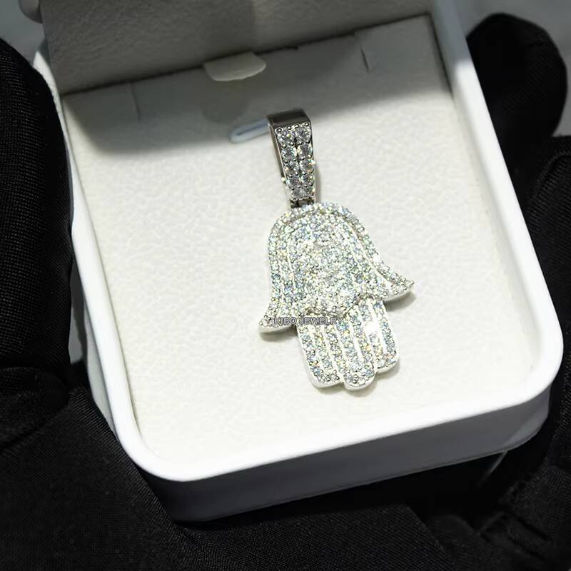 Custom Silver 925 Moissanite Hamsa Fire Chai Pendant for Men Hip Hop Style Iced Out Jewelry with GAR Certificate
