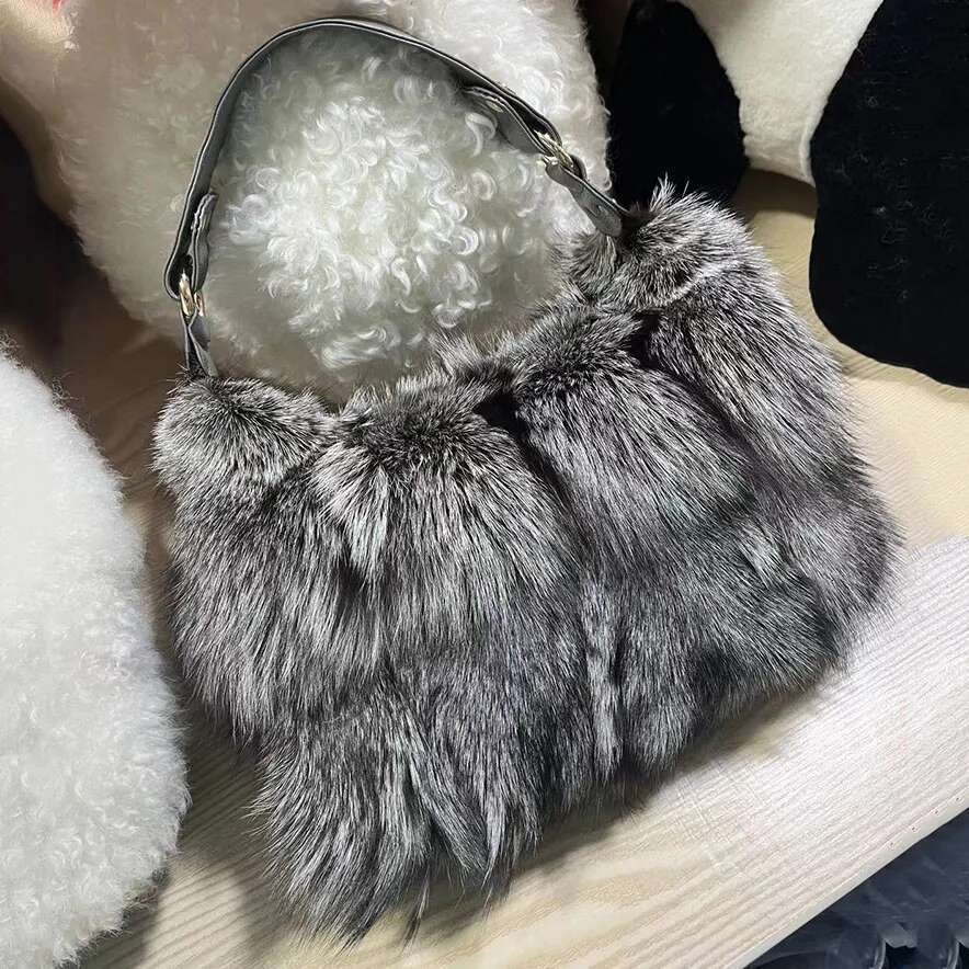 Chic Designer Handbag Combining Luxury Materials: Premium Real Silver Fox Fur & Durable Fabric