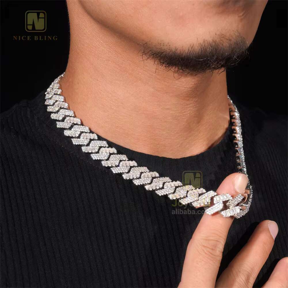 New Arrival Top Quality 15mm Two Rows Baguette Iced Out Moissanite Diamond Cuban Link Chain