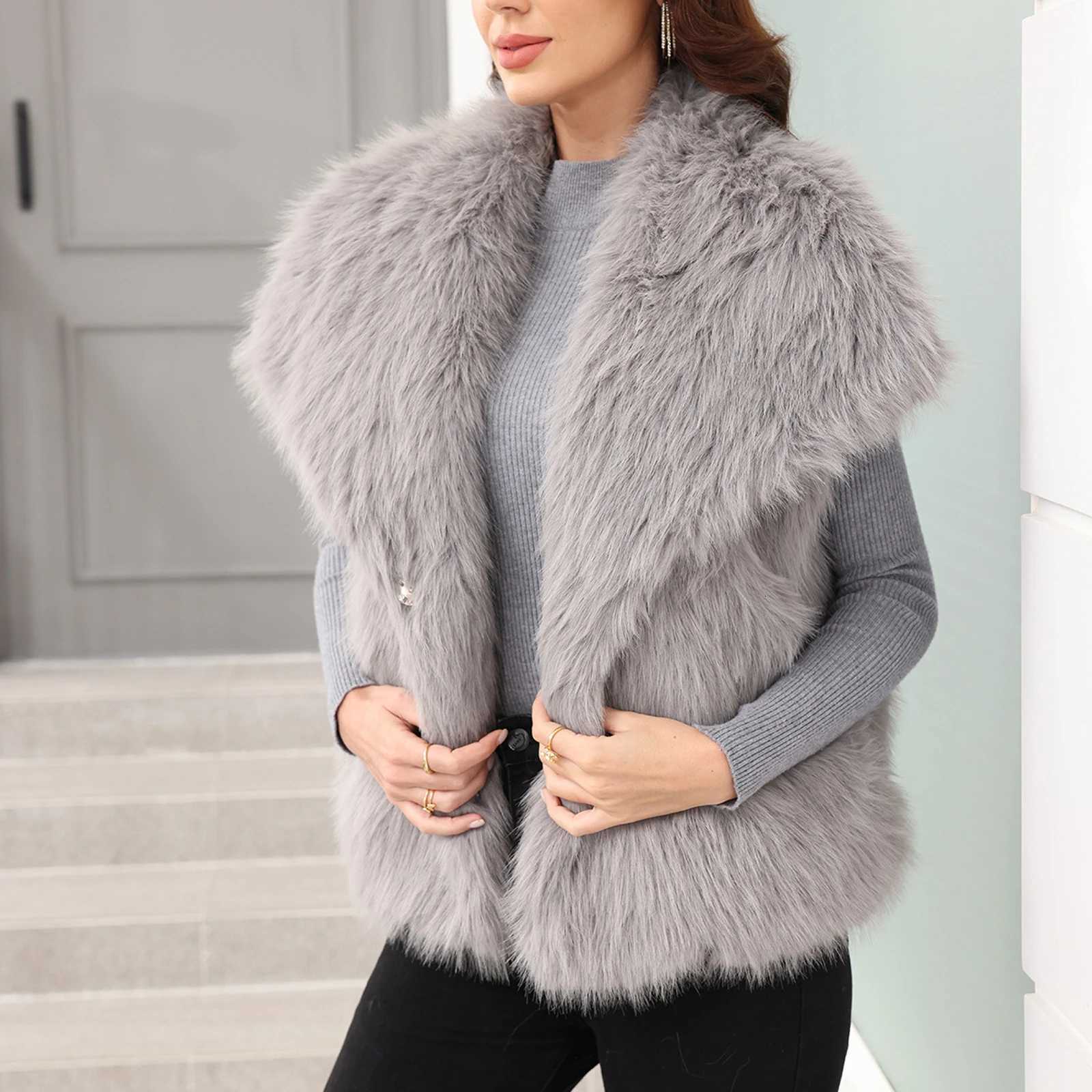 WomenS Fashion Waistcoat Vest Sleeveless Lapel Coat Solid Faux Fur Jacket Coat Winter Thicken Outerwear High Street CoatT251129