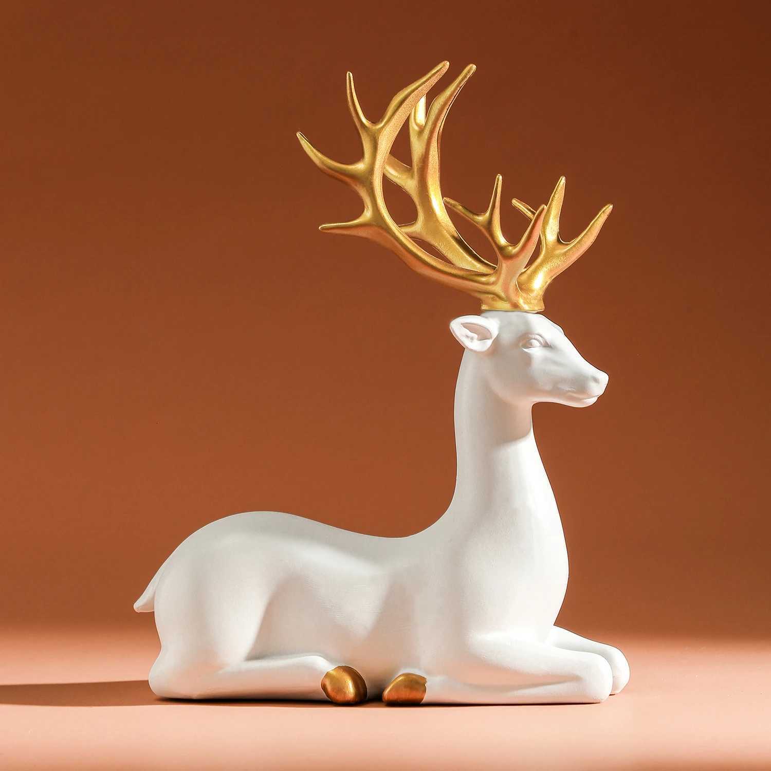 Reindeer Figurines White Deer Statue Elk Scpture Solid Synthetic Resin Living Ro He Christmas Decoration Tabletop Ornament H251129