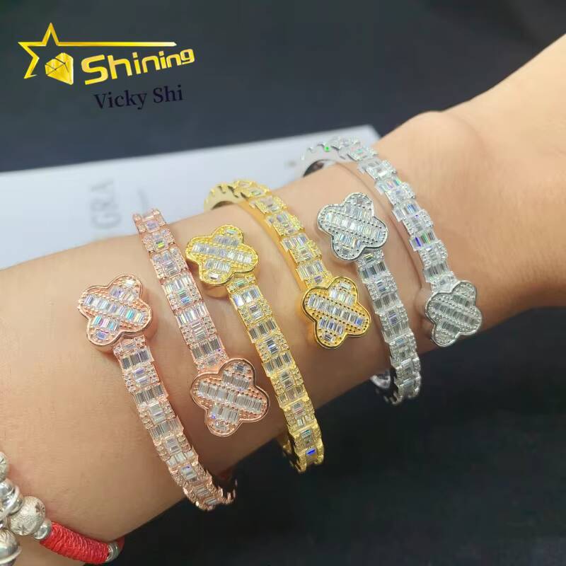 Iced Out Fine Jewelry S925 Silver Four Leaf Clover Design VVS Moissanite Diamond Bracelet Pass Diamond Tester