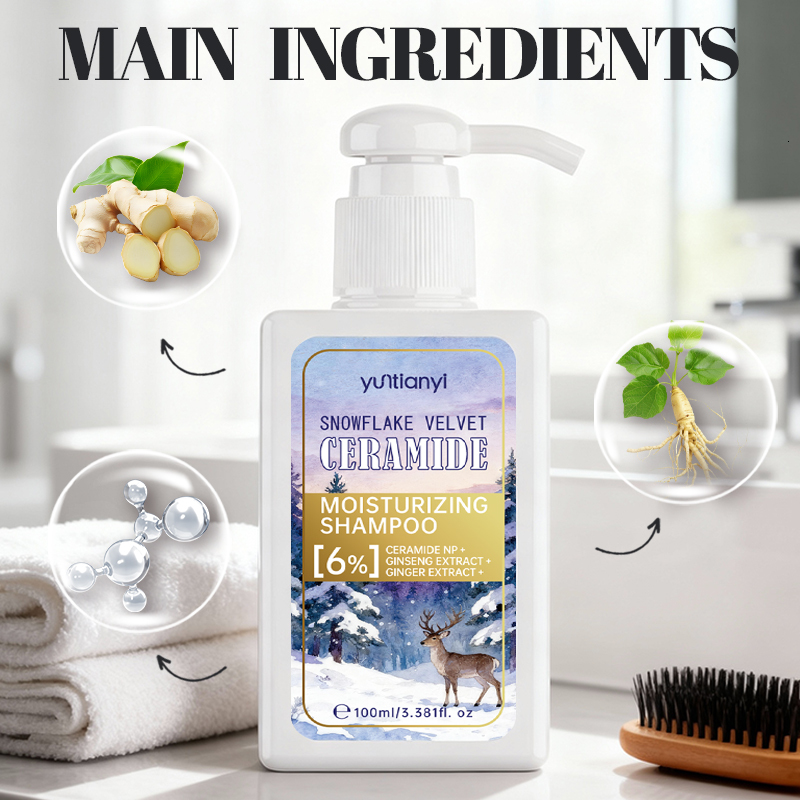 Snowflake Velvet Ceramide Moisturizing Shampoo, Ginger Extracts, 100ml Hydrating Hair Care Product for 72H Long-Lasting Moisture & Silky Soft Hair