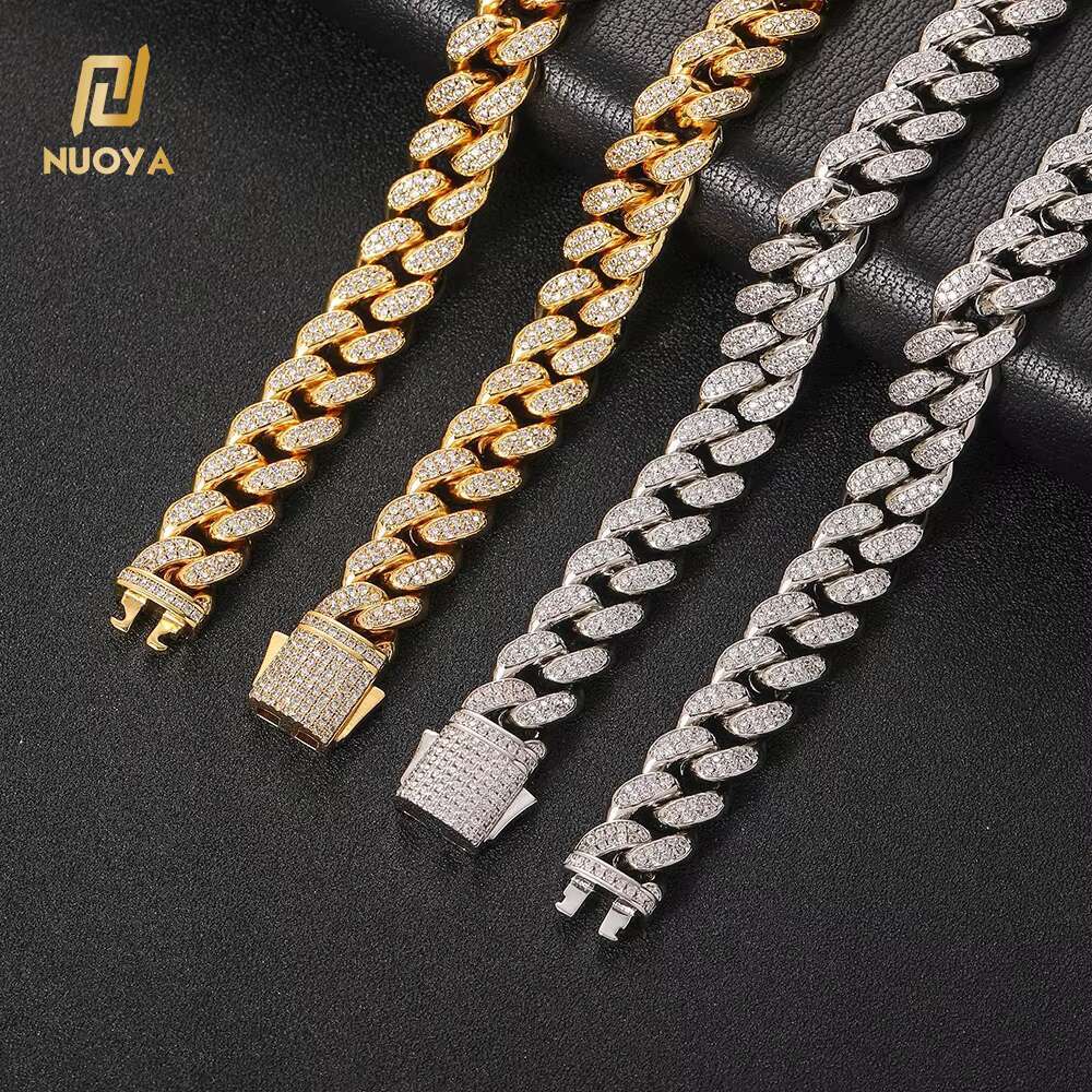 NUOYA Hip Hop Jewelry 12MM Diamond Cuban Link Chain Necklace Full Pave Bling Zircon Silver/Gold Plated Cuban Chain for Women