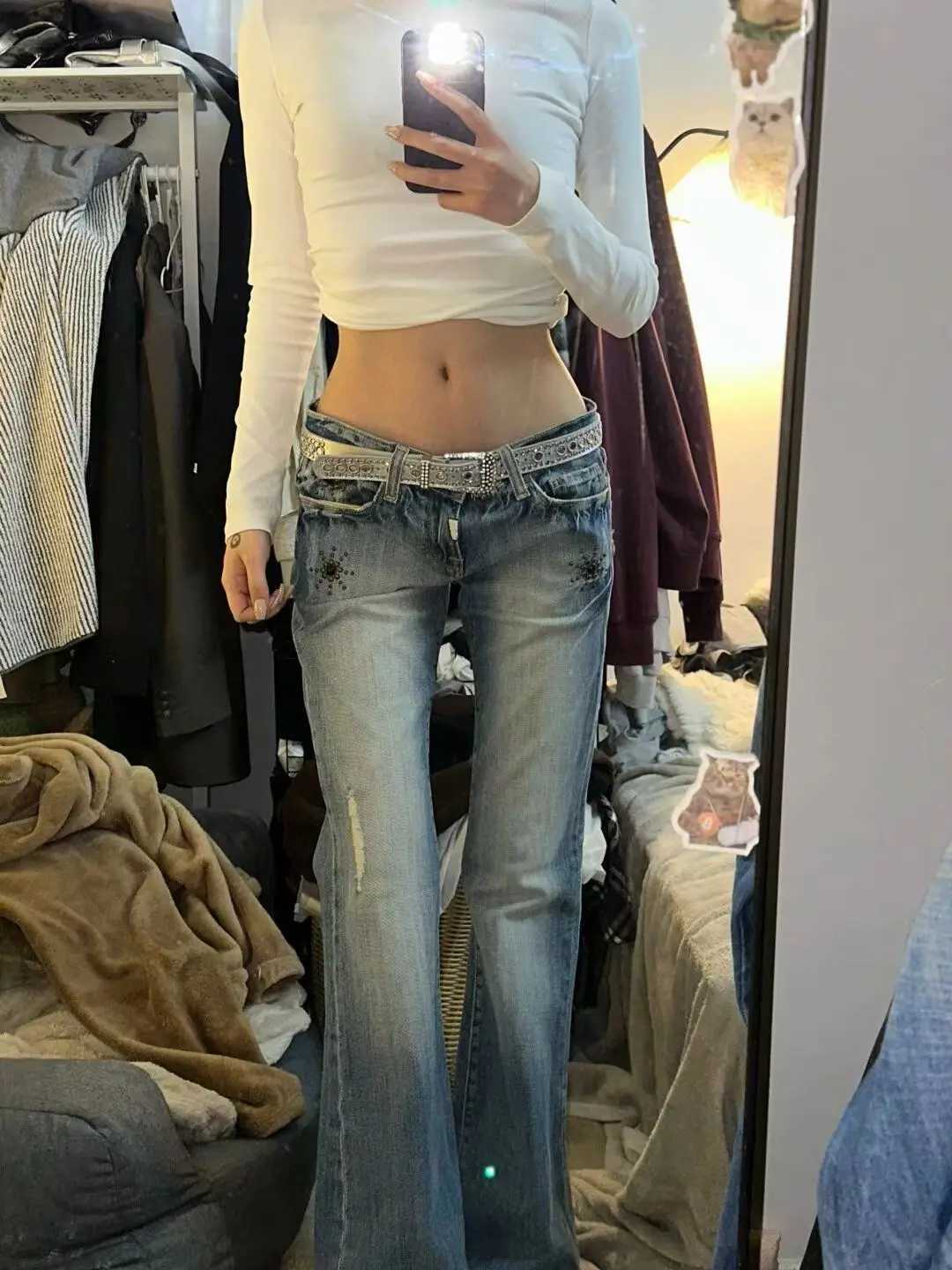 American Vintage Y2K Low Waist Bell Bottom Jeans Womens Wear Faded Slimming Crack Design Heavy Duty Dragging Pants Straight Leg M260310