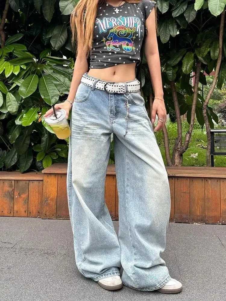 Casual Vintage Y2k Embroidery Jeans Women Blue High Waist Straight Baggy Denim Trousers American Retro 90s Street Wide Leg Jeans M260310
