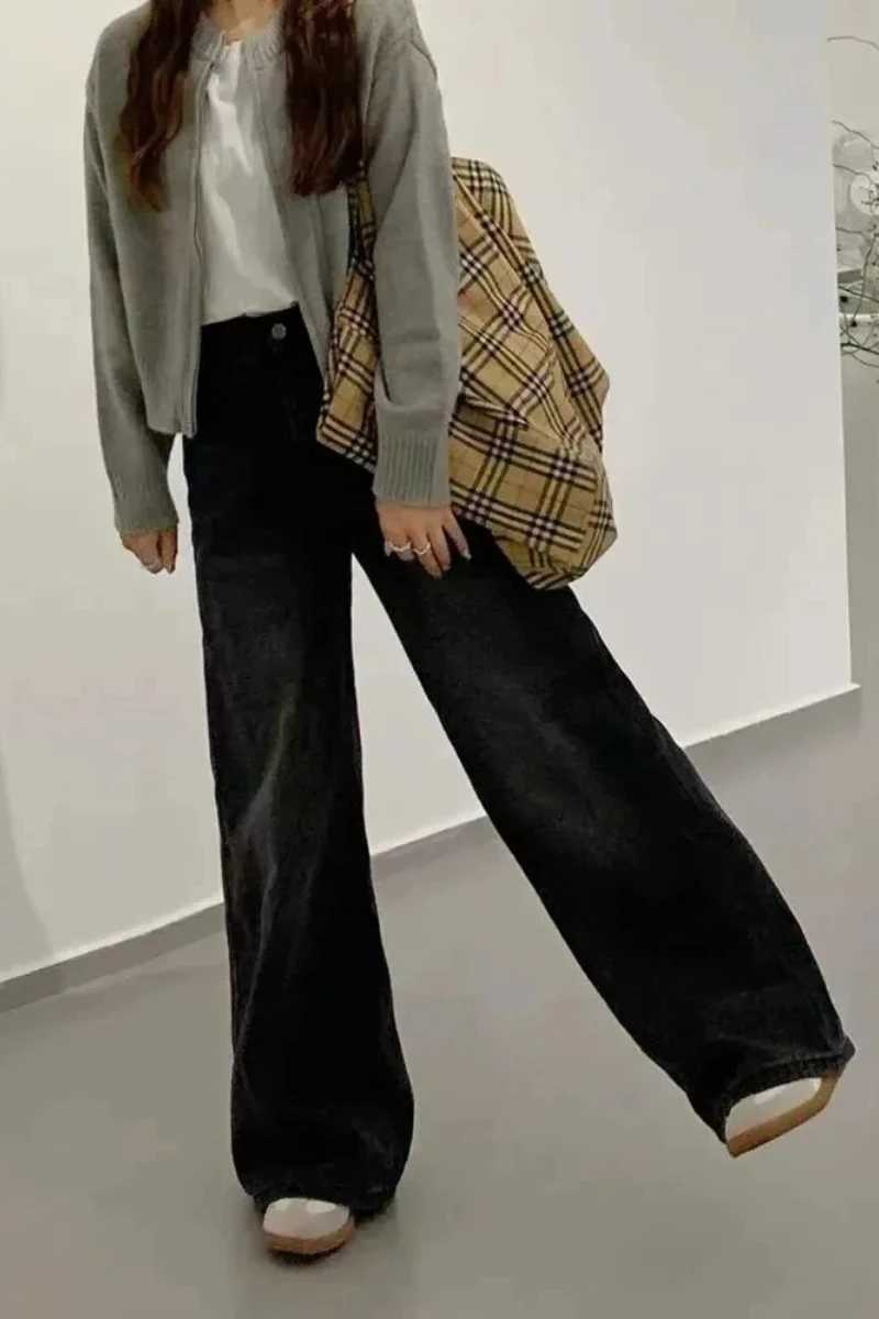 Y2k Jeans Women Jeans Black Washed Wide Leg High Waist Loose Fit Winter New Arrival Trousers Slimming Drape Straight Long Pants M260310