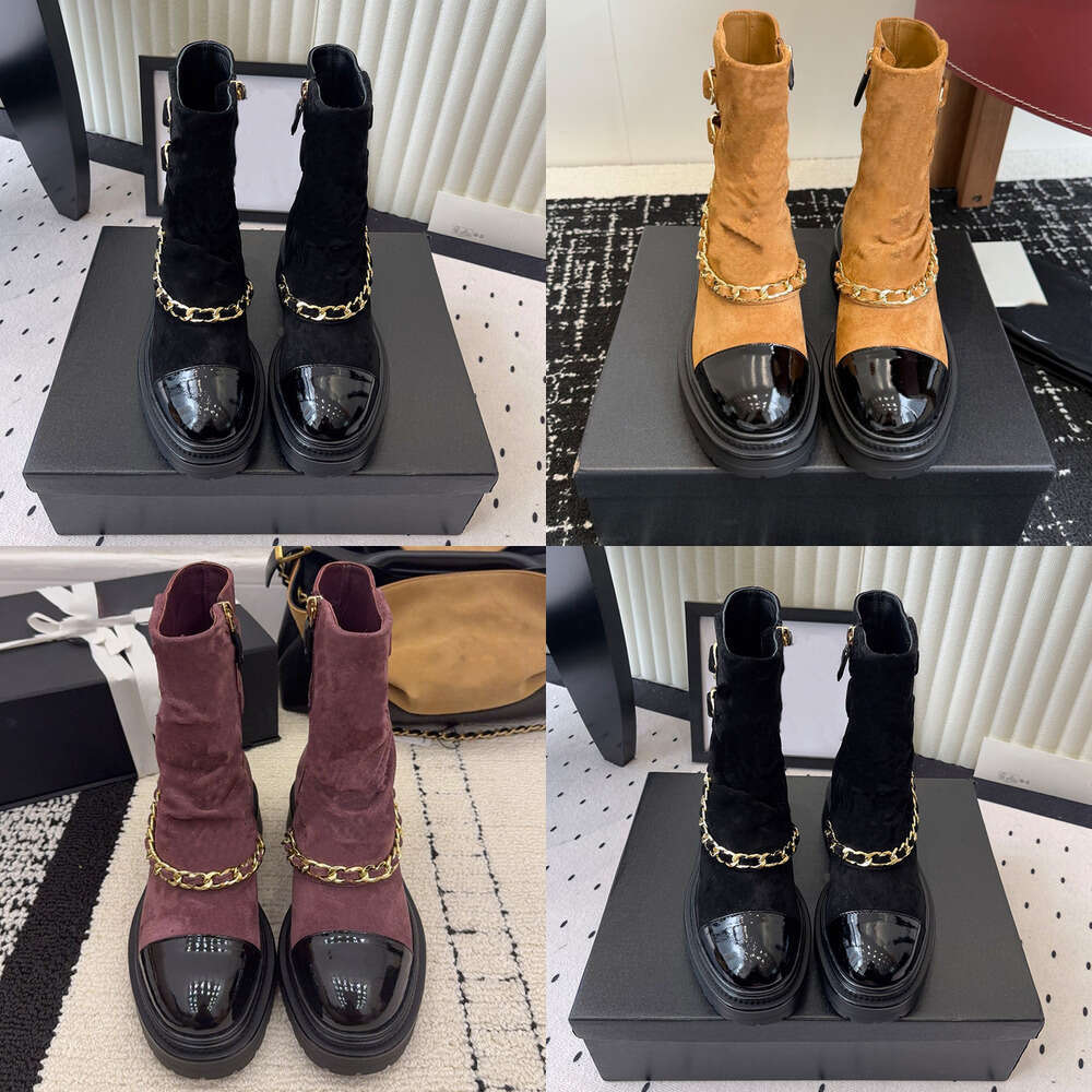 25 New Round toes leather Letter Splicing Front Strap Thick Bottom lady Martin Boots knight boots Woman shoe Designer boot Autumn/Winter Luxury Ankle Boots