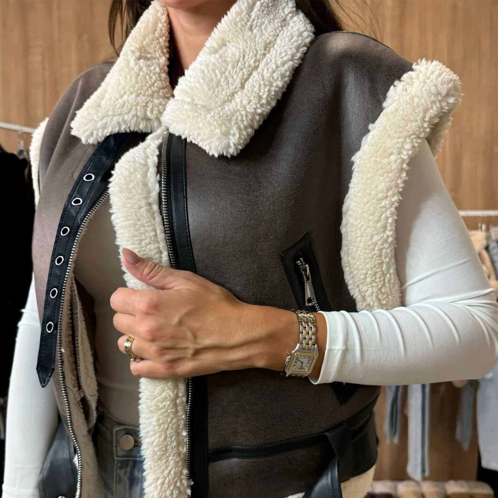 Womens Winter Faux Suede Vest Sleeveless Zipper-Up Fleece Sherpa Lined Jacket Fashion Casual Outerwear CoatT251129